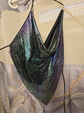She's Cool  80s Retro Iridescent Sequin Halter Top in Green Blue Purple